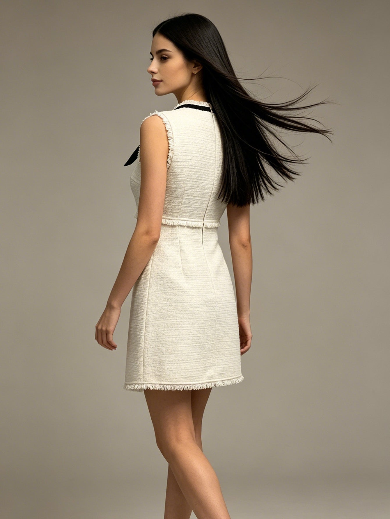 ANNY | Sleeveless Bow Neck Textured Fringe Trim Mini Dress