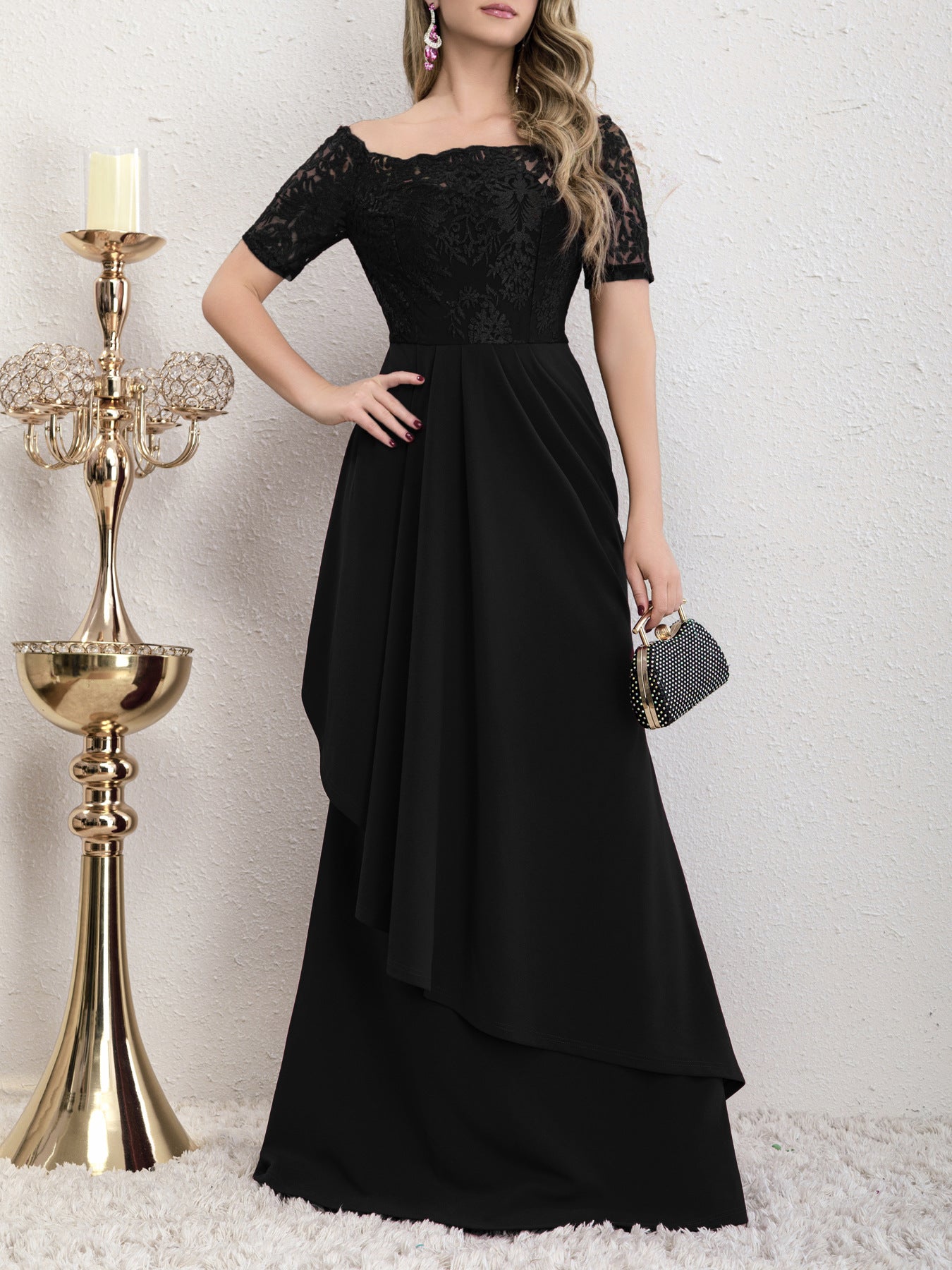 Front view of the Yedda black short sleeve embroidered lace spliced A-line dress, showcasing the elegant lace detailing and pleated skirt.