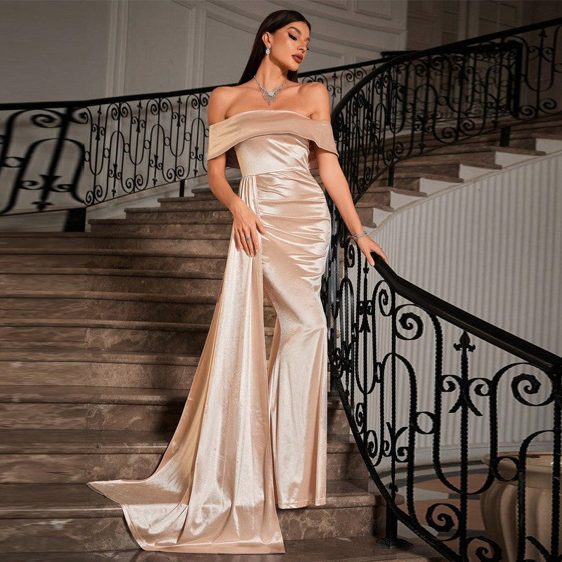 Front view of the elegant Champagne Off-Shoulder Tube Top Satin Evening Dress with waist ribbon splicing detail, crafted from luxurious satin fabric.