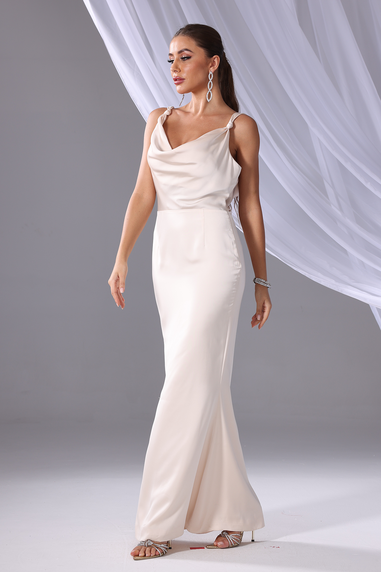 Elegant White Draped Neck Party Dress evening dress