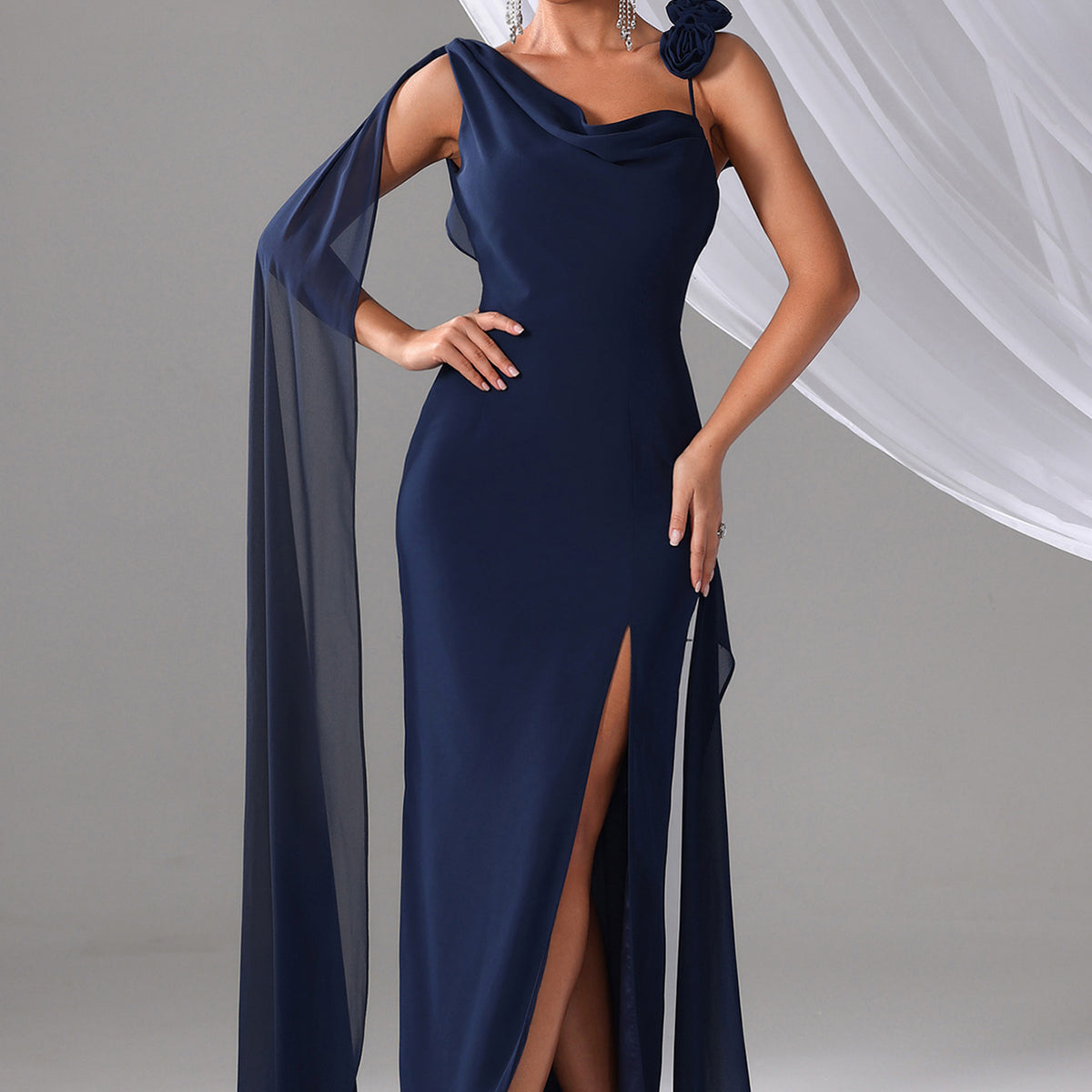 black pleated evening dress A-line One-Shoulder Sleeveless Long/Floor-Length Satin Prom Dresses Wi –  Frisco Dresses main image 1