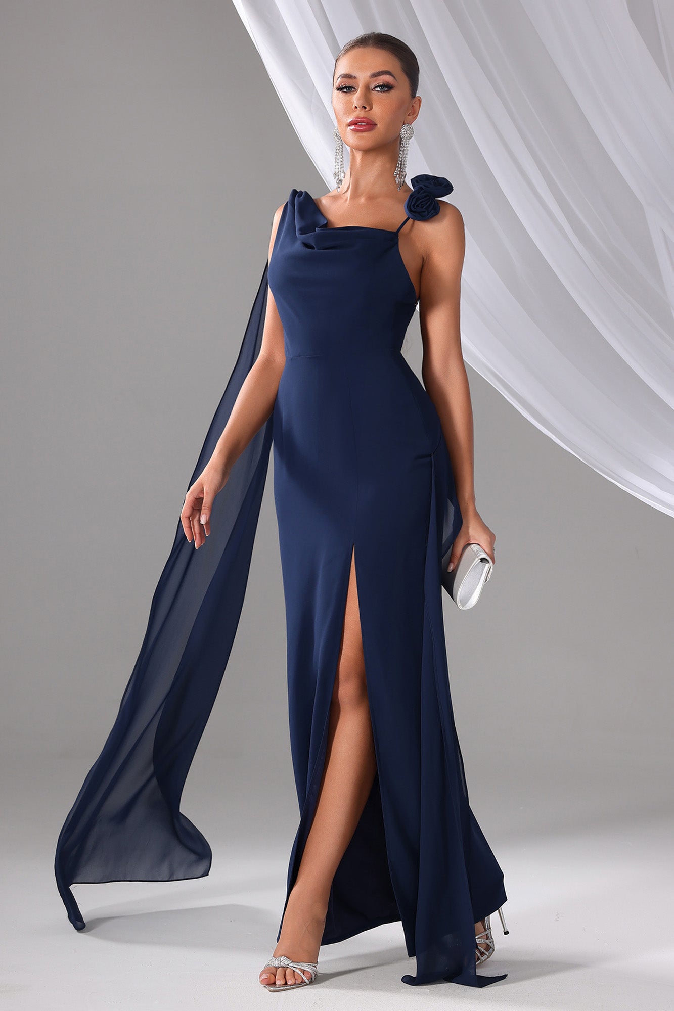 Navy Blue Evening Gown - Sexy One-Shoulder Dress