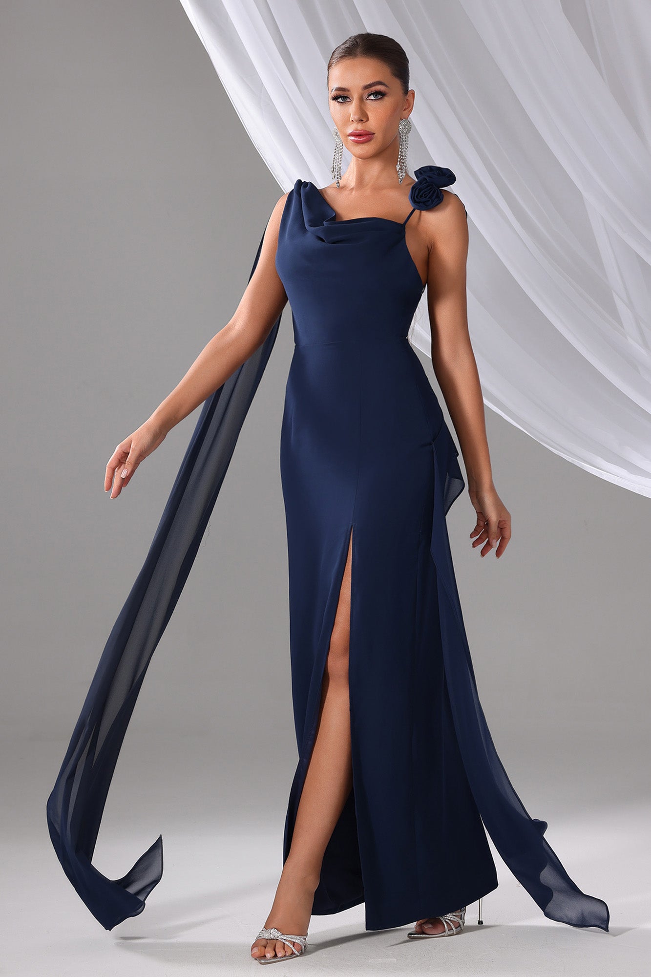 Navy Blue Evening Gown - Sexy One-Shoulder Dress