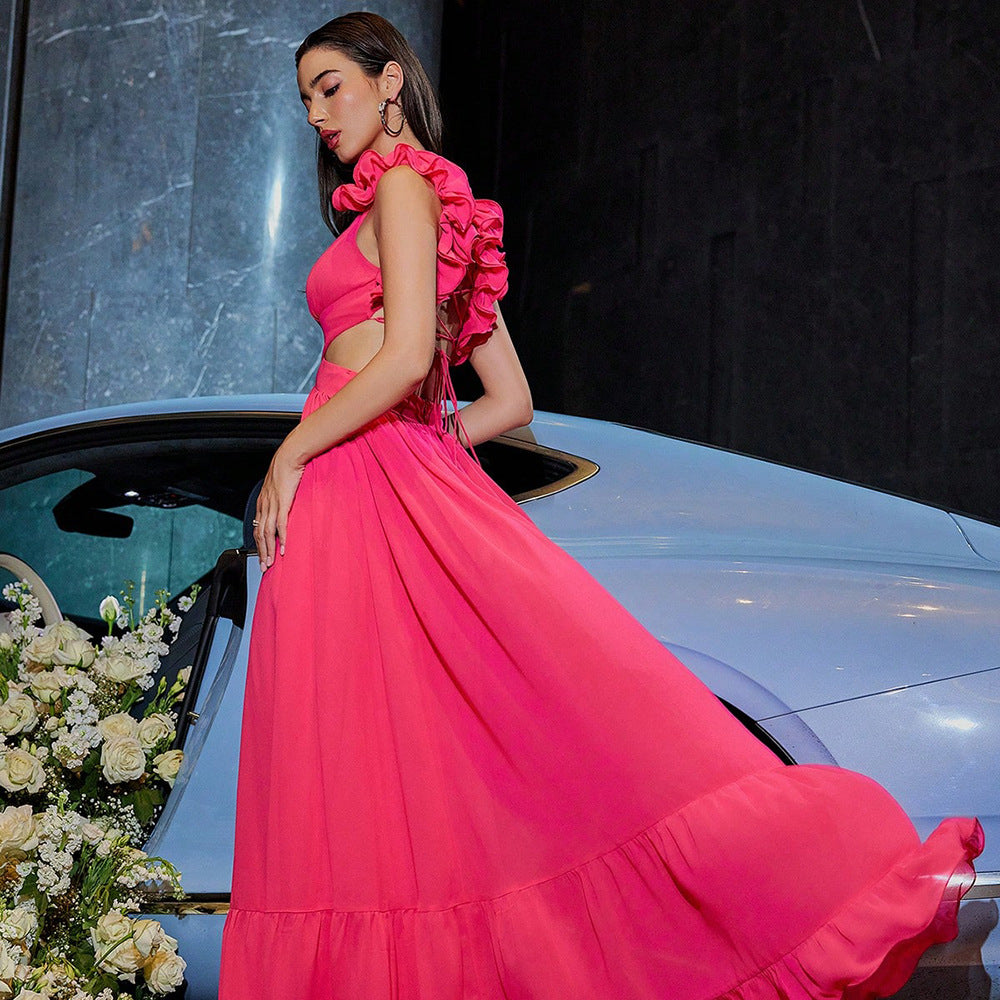 Side view of the Red Chiffon Backless Cross-Tie Flower Suspender Evening Dress showcasing the elegant chiffon fabric, waist-showing cut, and flowing silhouette.