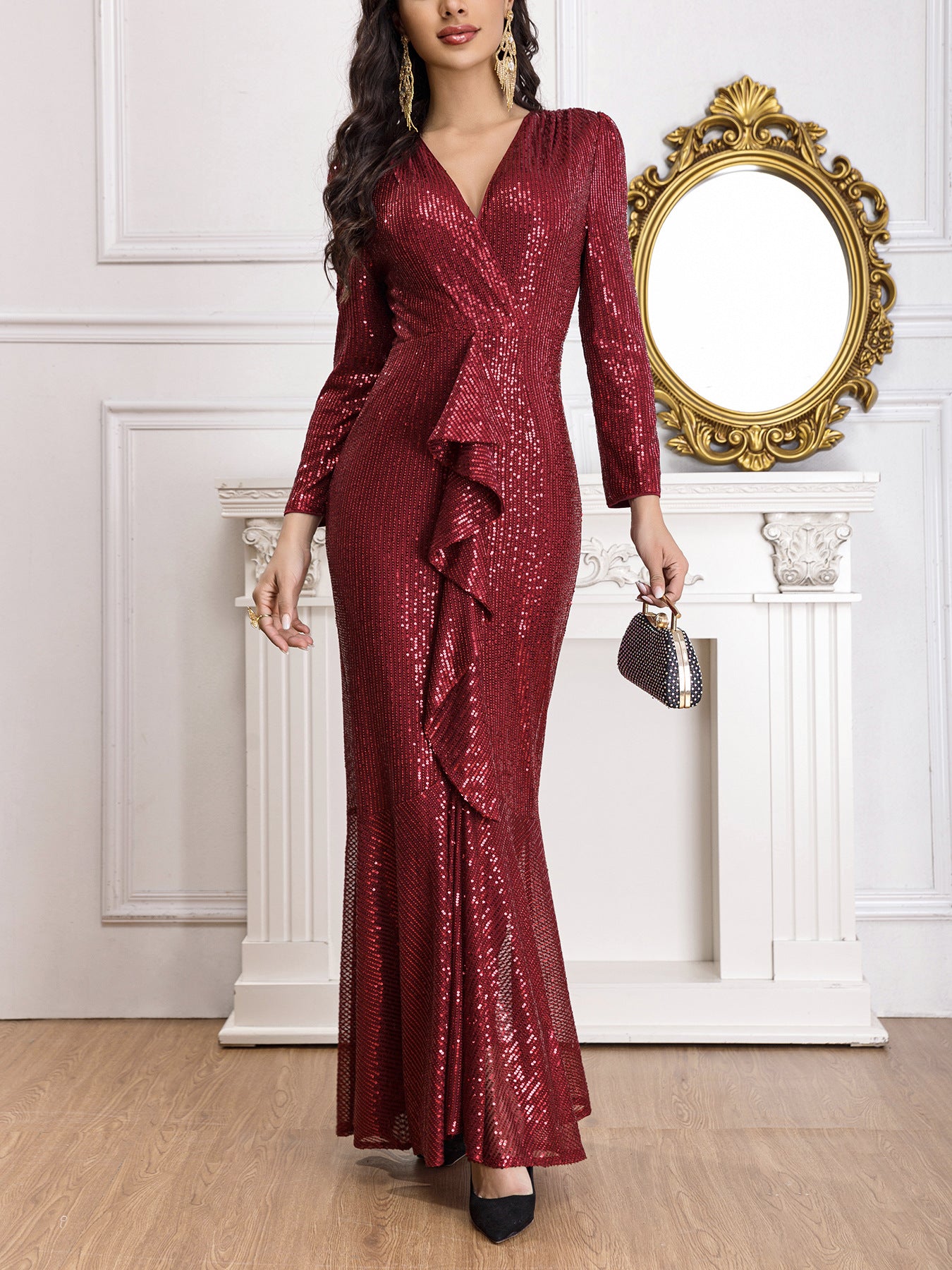 Front view of the Red Long Sleeve Deep V-Neck Sequins Evening Dress showcasing shimmering sequins, ruffle details, and elegant maxi length."