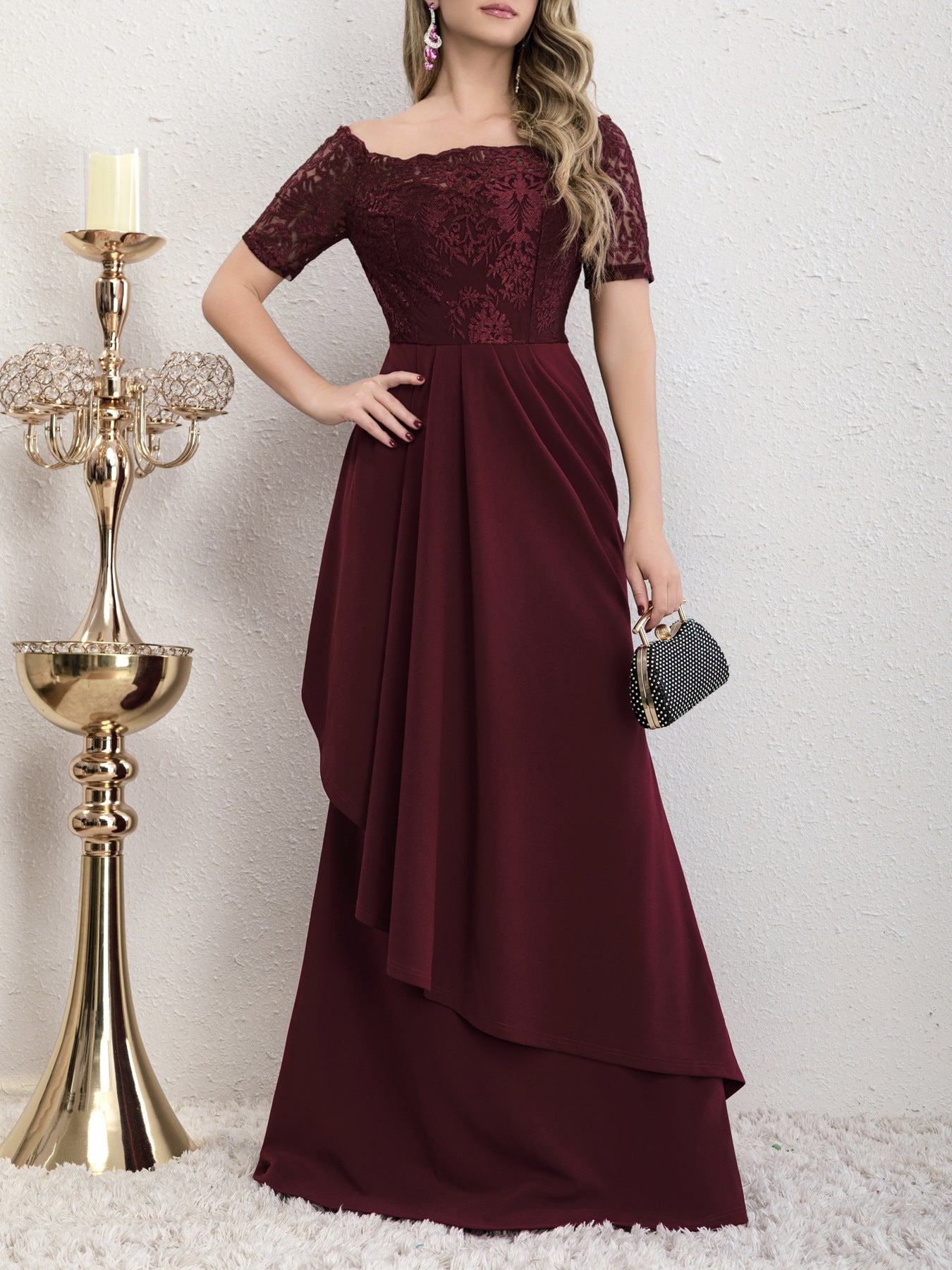 Front view of the Yedda wine red short sleeve embroidered lace spliced A-line dress, showcasing the elegant lace detailing and pleated skirt.