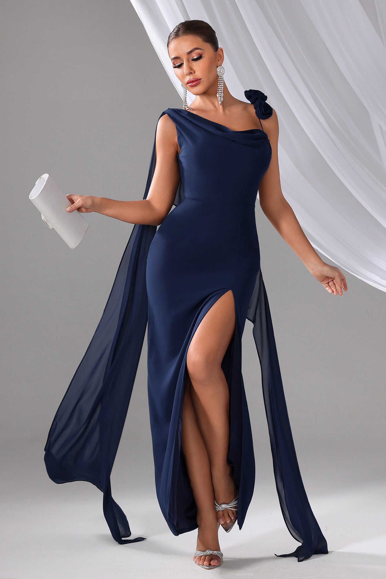 Navy Blue Evening Gown - Sexy One-Shoulder Dress